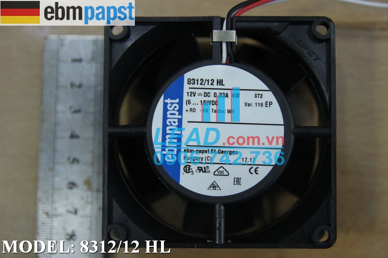 Quạt hút EBM-PAPST 8312/12HL, 12VDC, 80x80x32mm