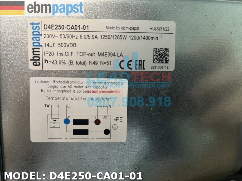 Quạt hút EBMPAPST D4E250-CA01-01, 230VAC, 250mm  